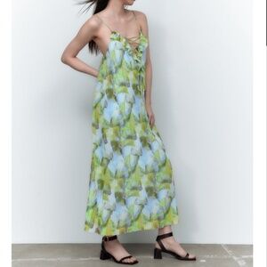 Zara blue and green pastel tulle pleated maxi dress made in Europe EUC